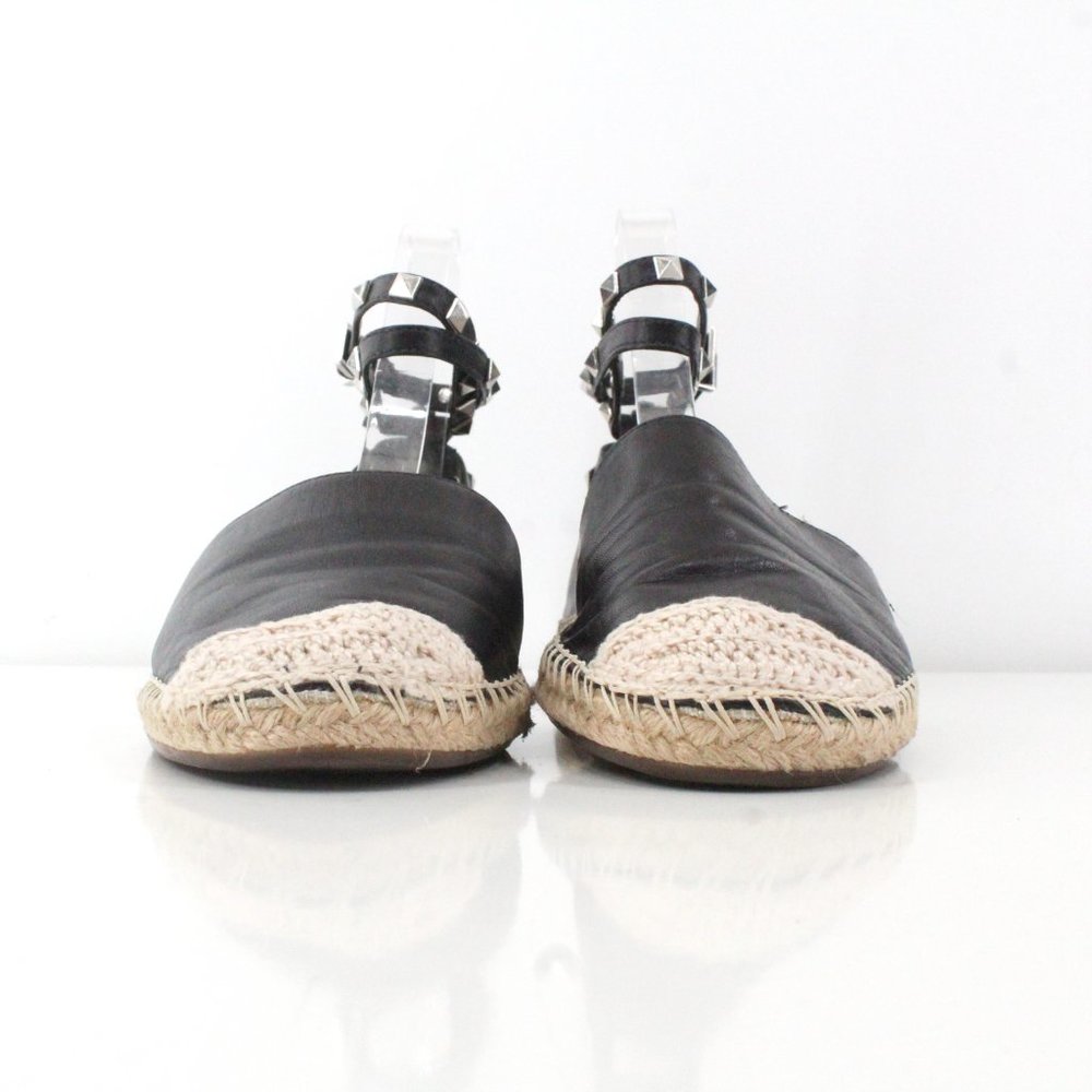 Schutz Koralina Black Leather Studded Espadrille Flats Ankle Wrap Straps SZ 8 - Picture 4 of 11